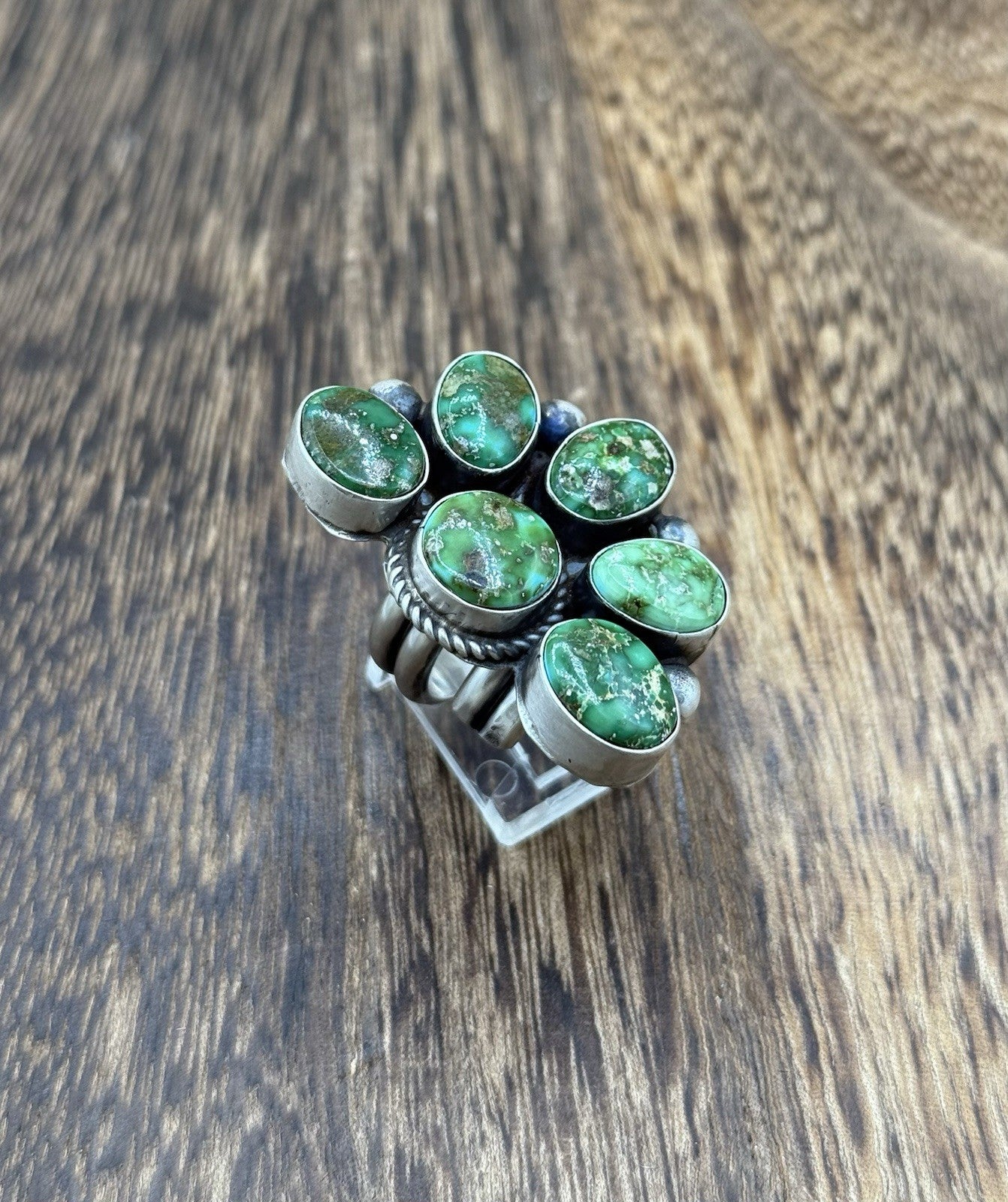 Navajo Handmade Sterling Silver Sonoran Gold Turquoise Half Cluster Ring Size 8