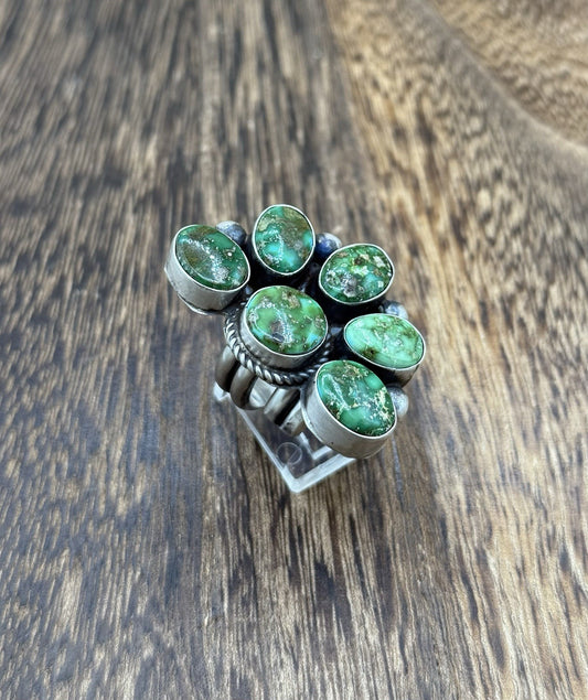 Navajo Handmade Sterling Silver Sonoran Gold Turquoise Half Cluster Ring Size 8