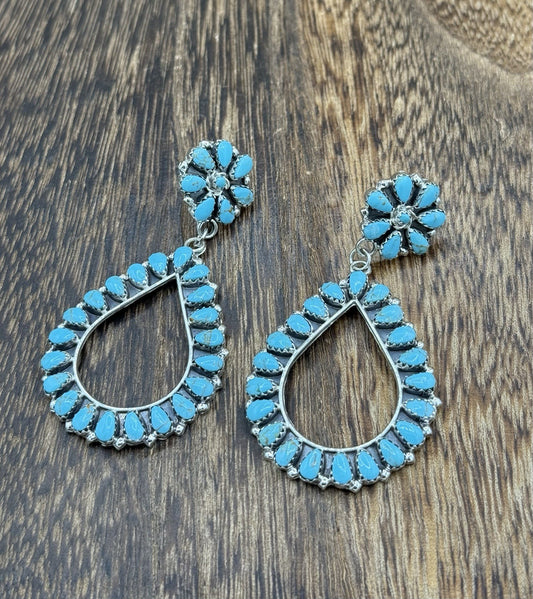Navajo Handmade Sterling Silver Turquoise Cluster Post Drop earrings Large