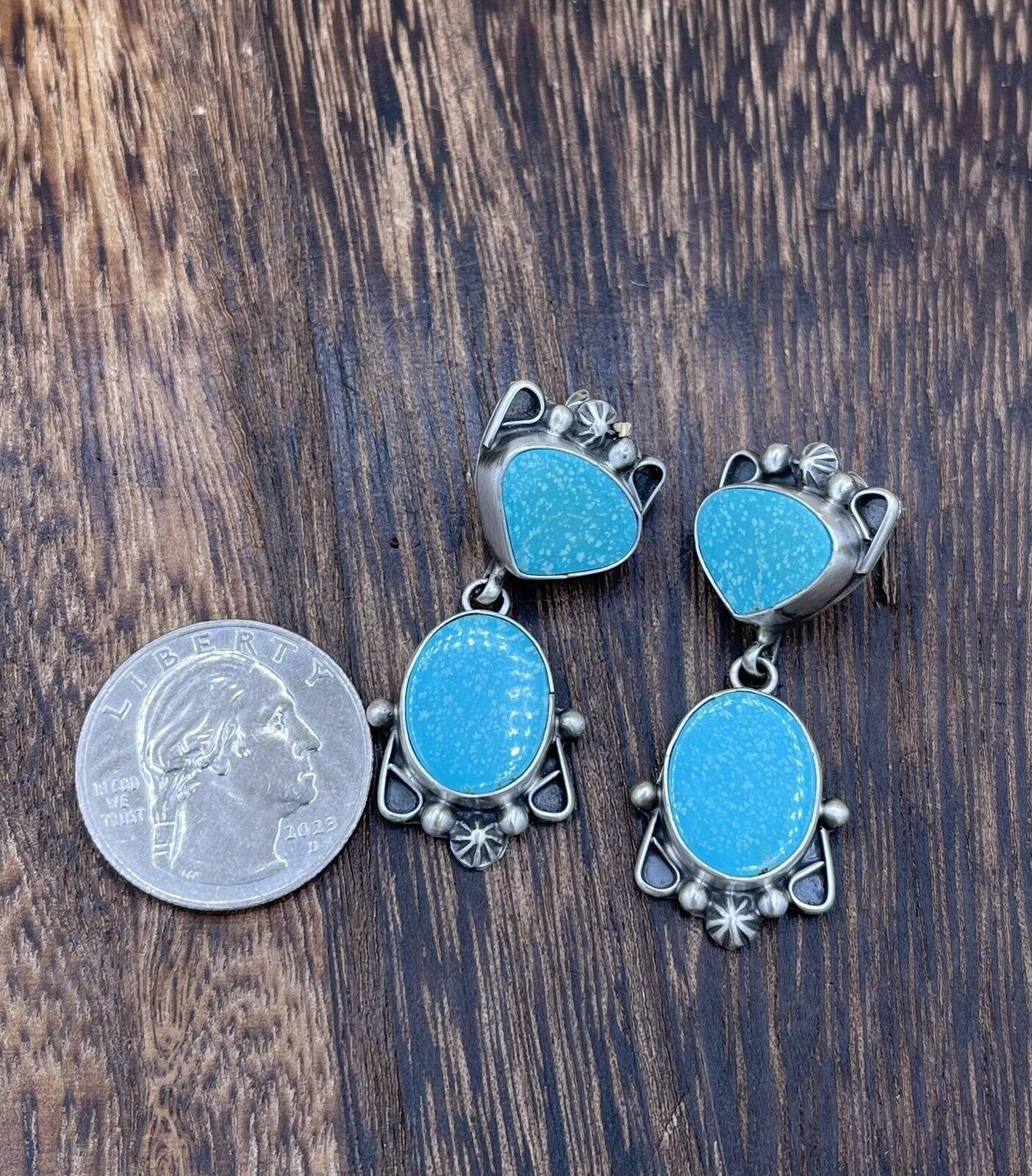 Native American Sterling Silver Navajo Handmade Turquoise Post Dangle Earrings