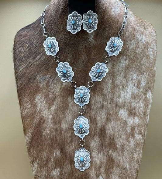 Navajo Handmade Sterling Silver Stamped Concho Turquoise Lariat Necklace Set 20”