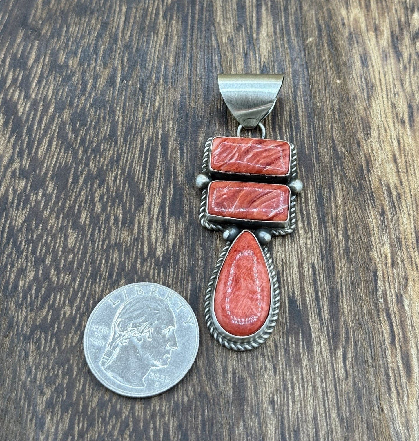 Navajo Handmade Sterling Silver Orange Spiny Oyster  Cluster Drop Pendant