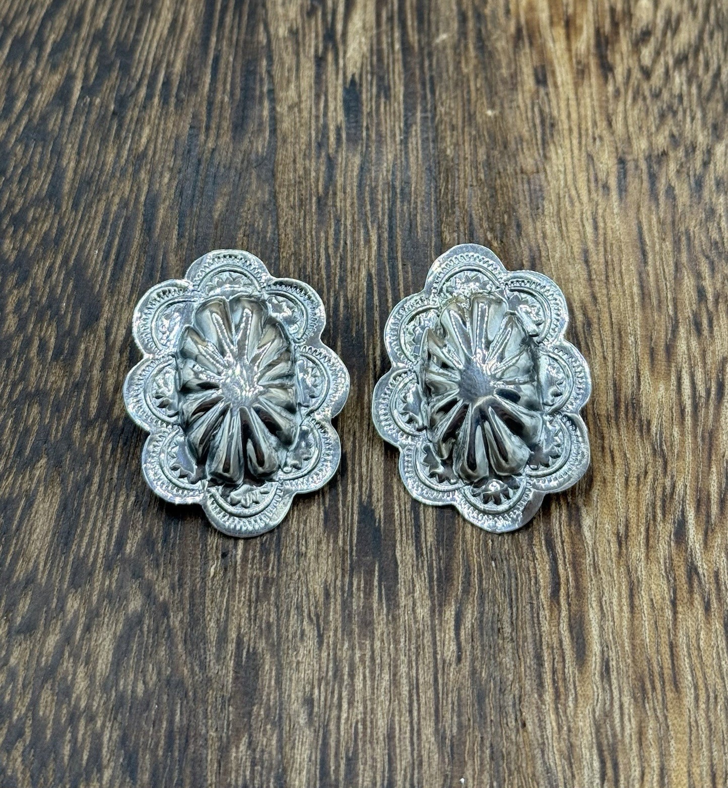 Navajo Handmade Sterling Silver Shiny Stamped Concho Design Post Earrings