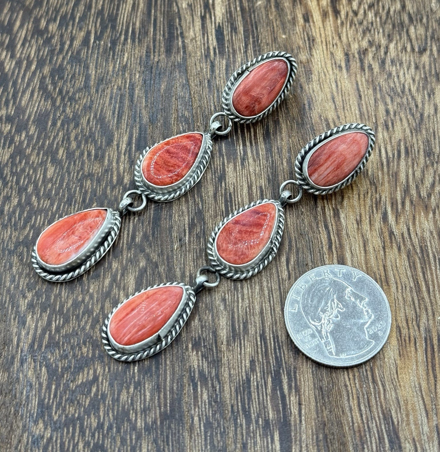 Native Navajo Handmade Sterling Silver Red Spiny Oyster Post Dangle Earrings