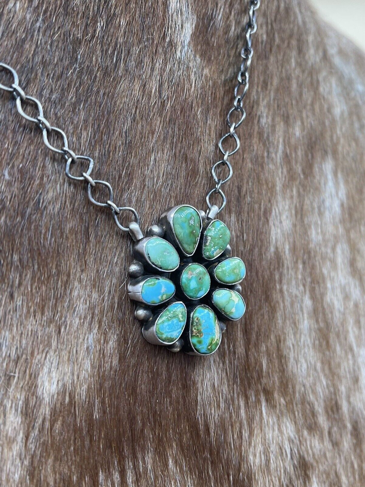 Native American Navajo Handmade Silver Sonoran Turquoise Cluster Bar Necklace