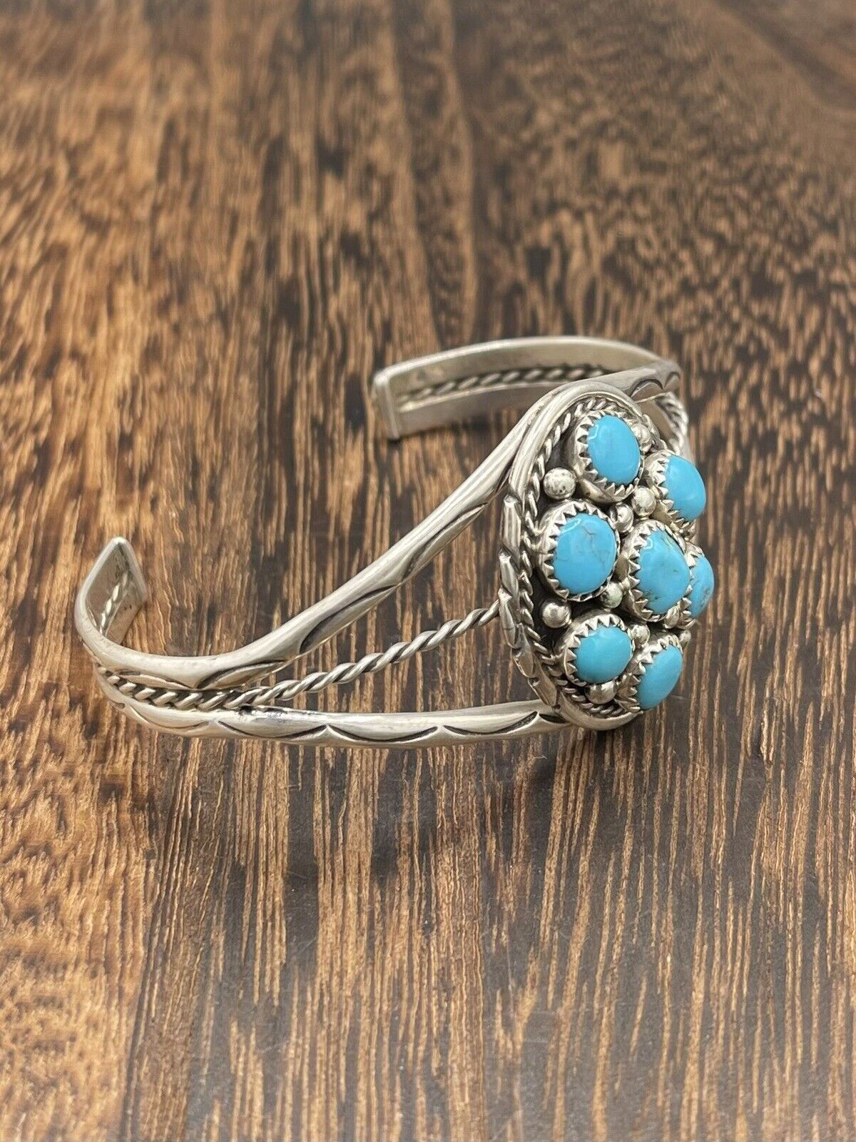 Native American Sterling Silver Navajo Handmade Kingman Turquoise Cuff Bracelet