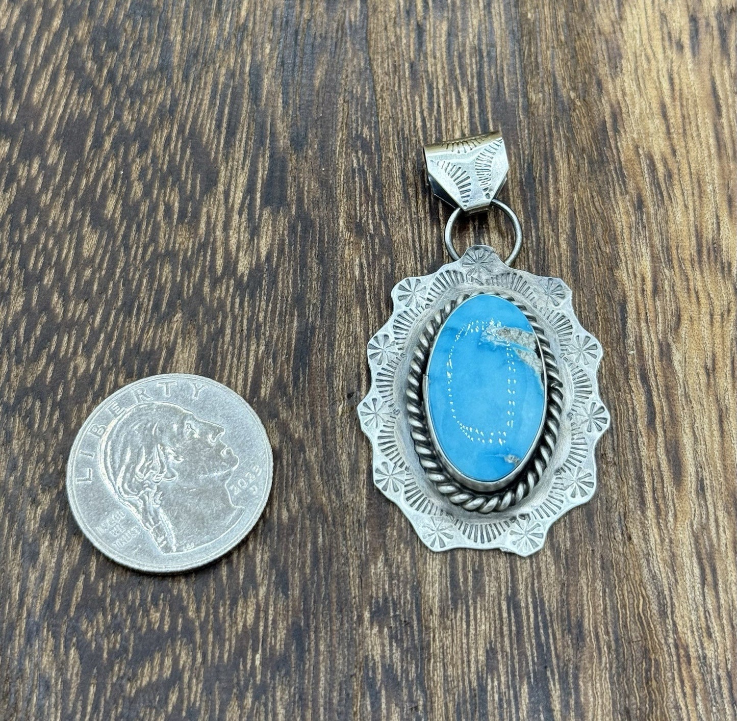 Native Navajo Handmade Sterling Silver Blue Bird Turquoise Stamped Drop Pendant