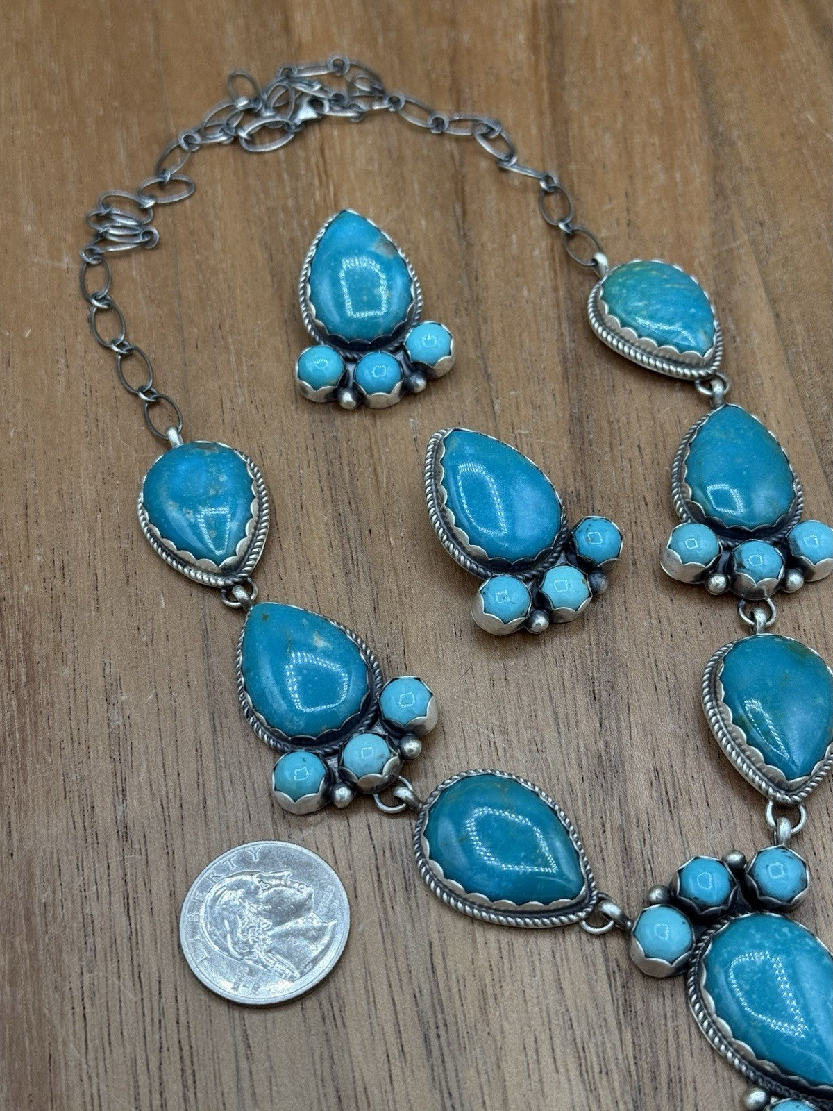 Native Navajo Handmade Sterling Silver Kingman Turquoise Lariat Necklace Set 24”