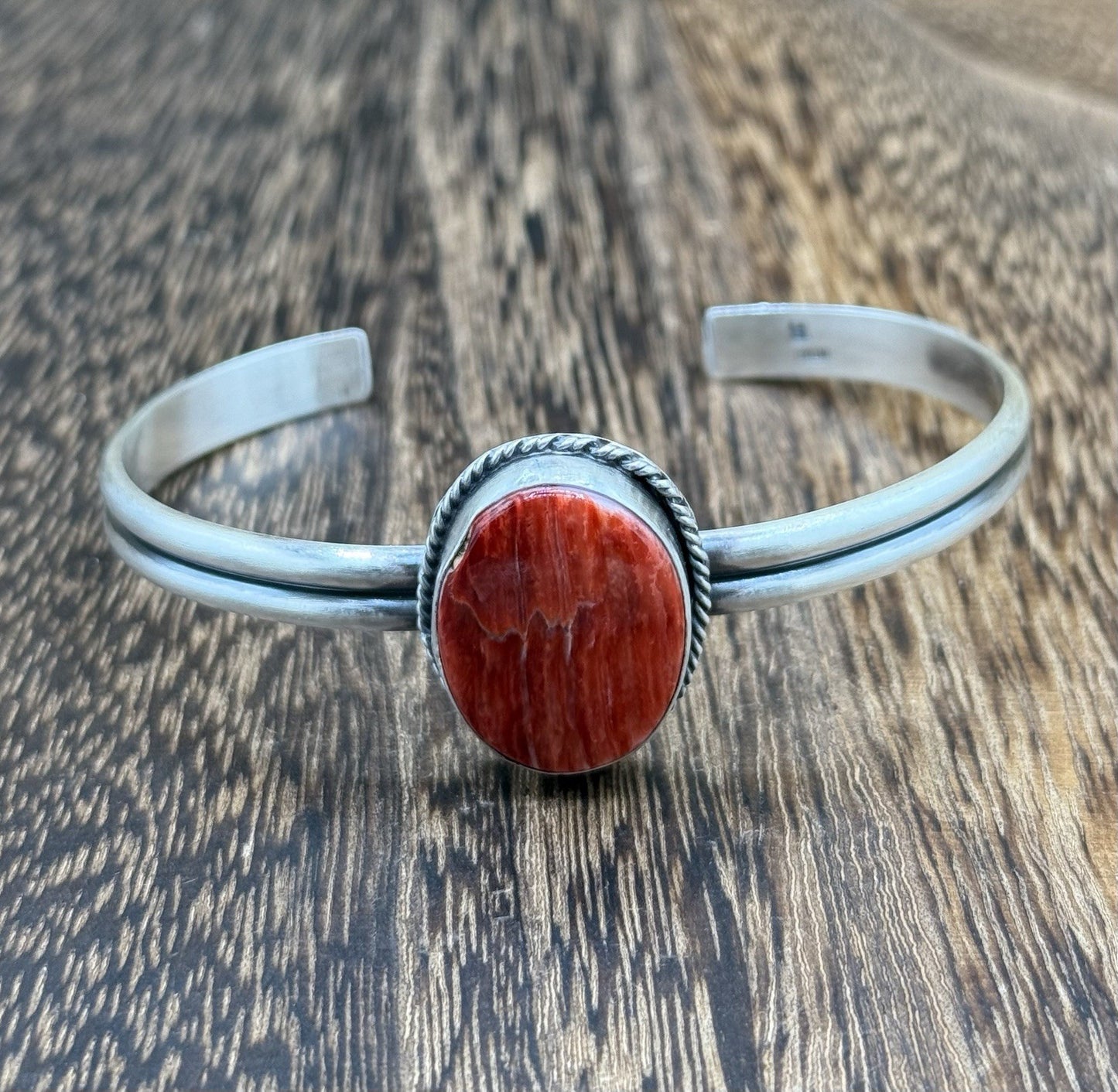 Navajo Handmade Sterling Silver Red Spiny Oyster Stacker Cuff Bracelet