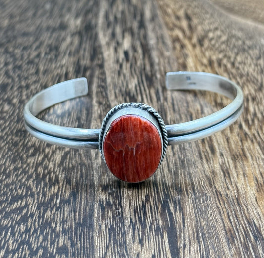 Navajo Handmade Sterling Silver Red Spiny Oyster Stacker Cuff Bracelet