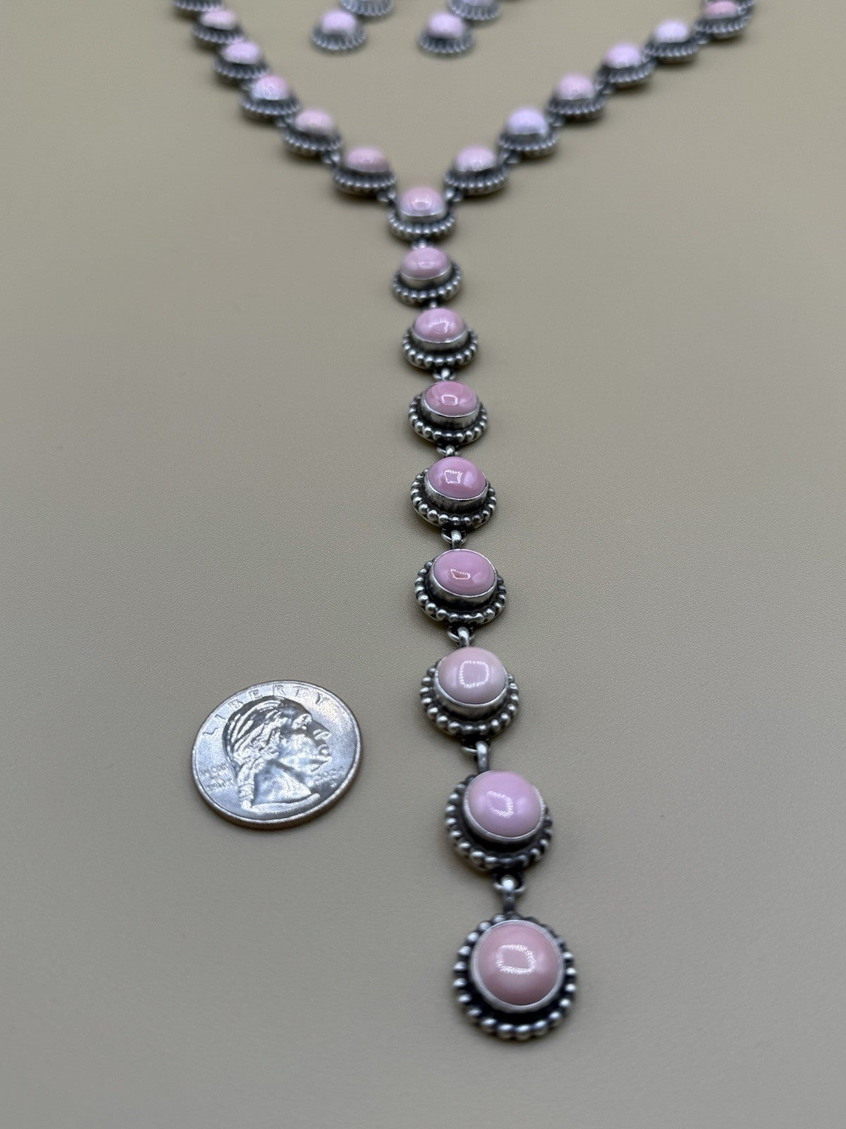 Navajo Handmade Sterling Silver Pink Conch Lariat Dangle Necklace Super Long