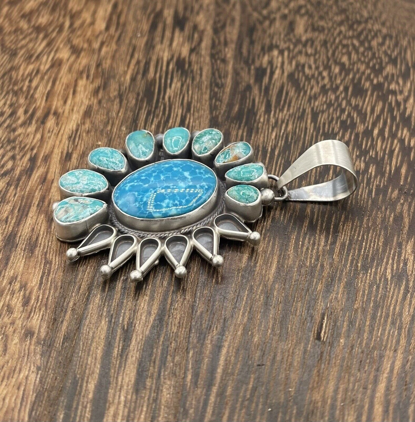 Native American Navajo  Silver Handmade Turquoise Cluster Pendant - Betta Lee