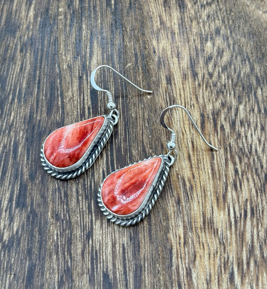 Native Navajo Handmade Sterling Silver Red Spiny Oyster Shell Dangle Earrings