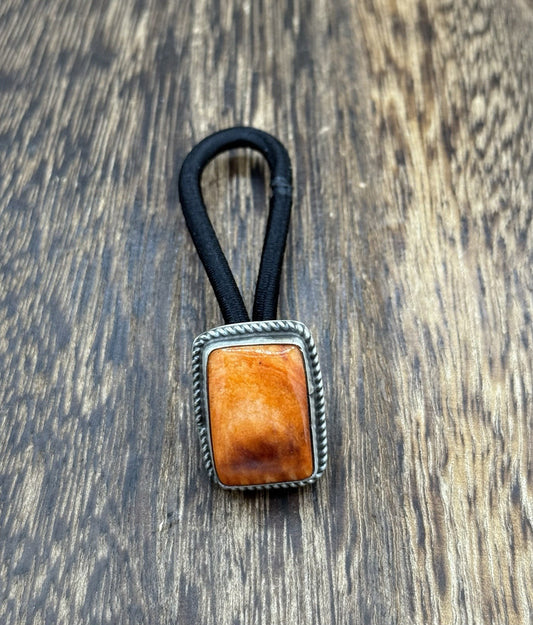 Native American Navajo Handmade Sterling Silver Orange Spiny Oyster Hair Tie