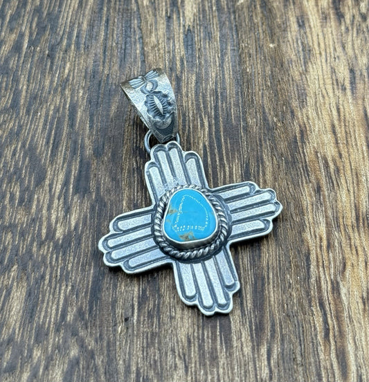 Navajo Handmade Sterling Silver Old Look Kingman Turquoise Zia Pendant Kevin B.