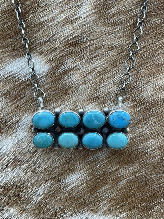 Native American Navajo Handmade Silver Turquoise Cluster Bar Necklace 18