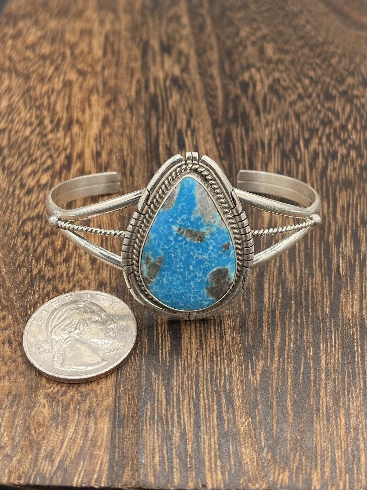 Native American Sterling Silver Navajo Handmade Kingman Turquoise Cuff Bracelet