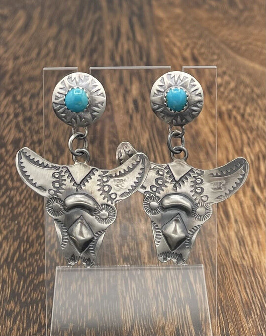 Native American Sterling Silver Navajo Handmade Oldlook Turquoise Earrings