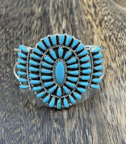 Native American Navajo Handmade Sterling Silver Turquoise Cluster Cuff Bracelet