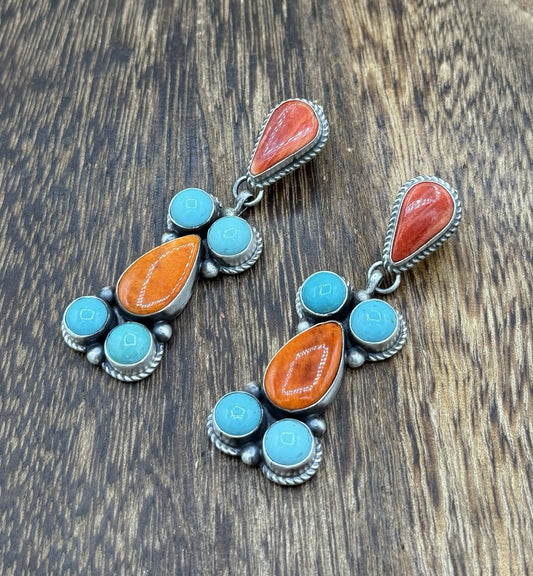 Navajo Handmade Sterling Silver Turquoise & Spiny Oyster Post Dangle Earrings