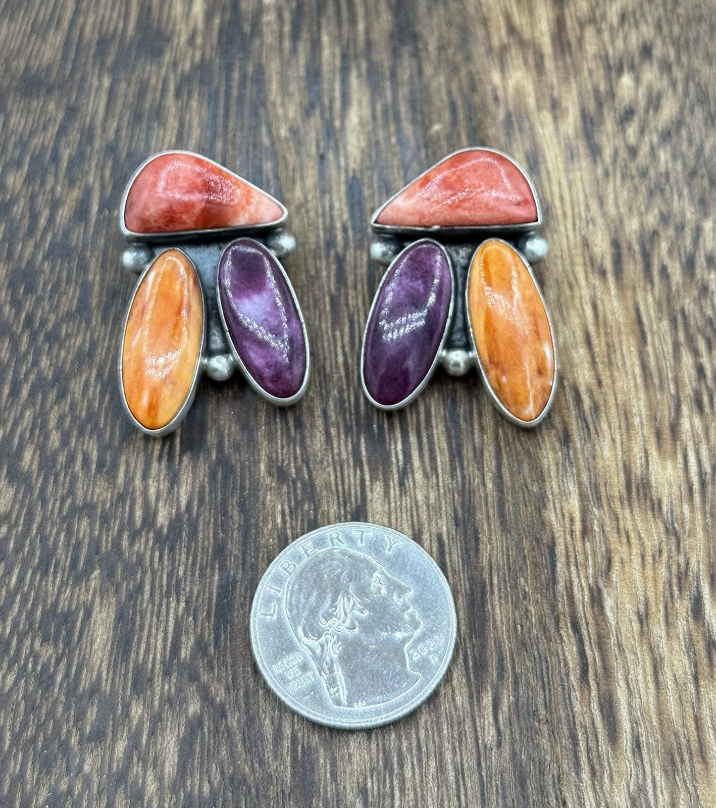 Navajo Handmade Sterling Silver Multi Color Spiny Oyster Post Cluster Earrings