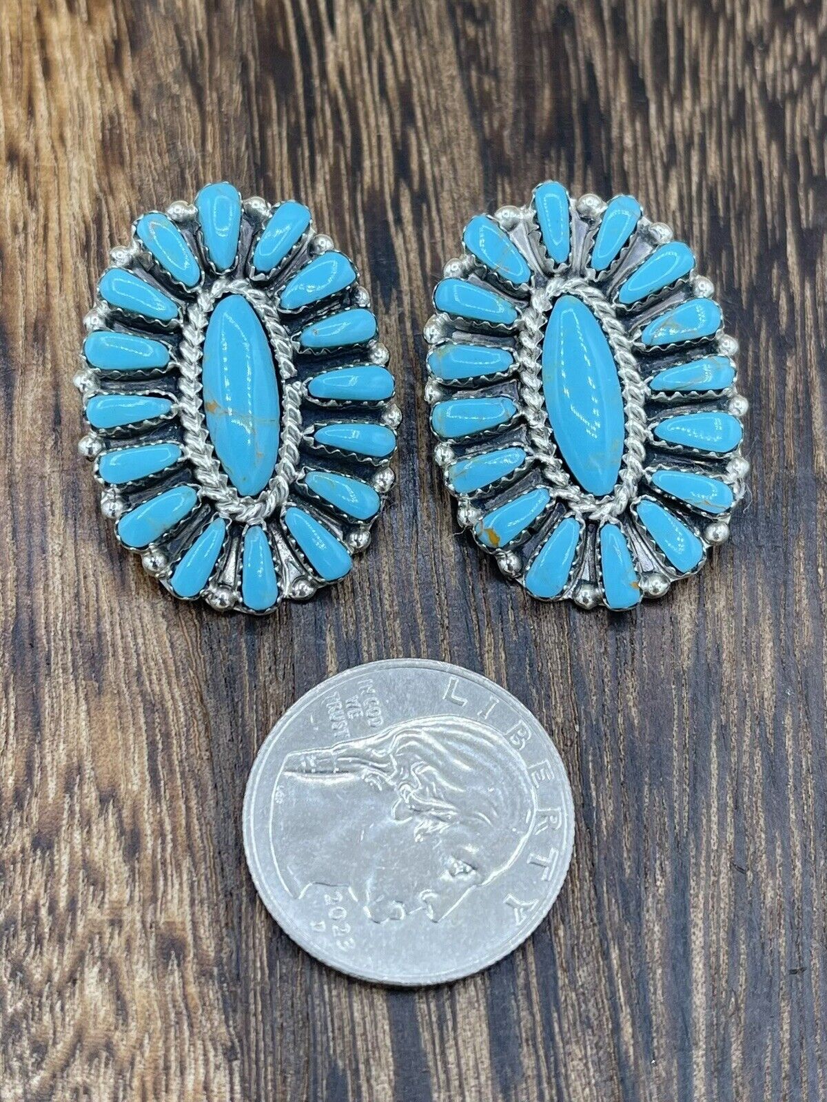 Native American Navajo Handmade Sterling Silver Turquoise Cluster Stud Earrings