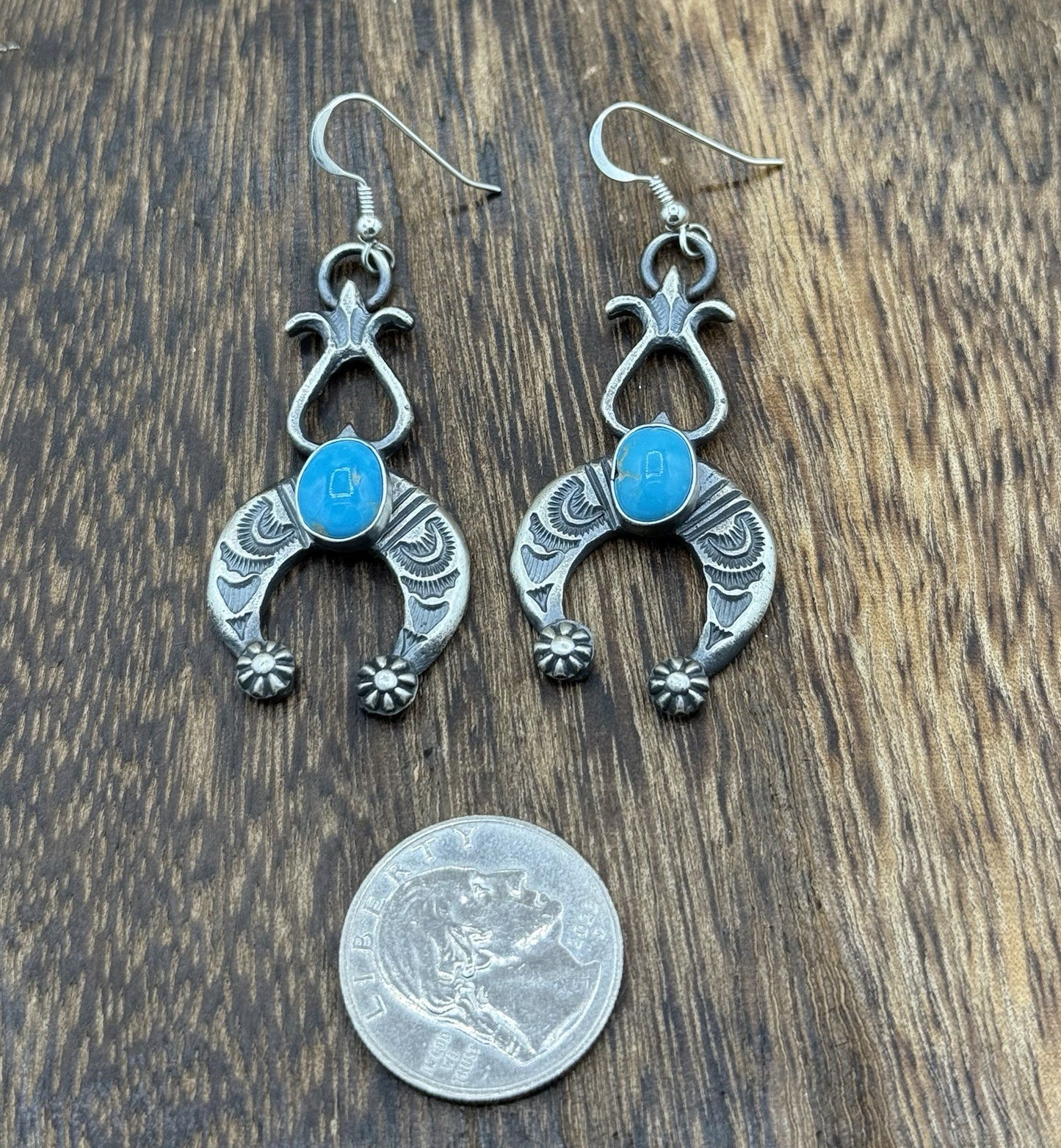 Navajo Handmade Sterling Silver Old Look Kingman Turquoise Earrings Kevin Billah