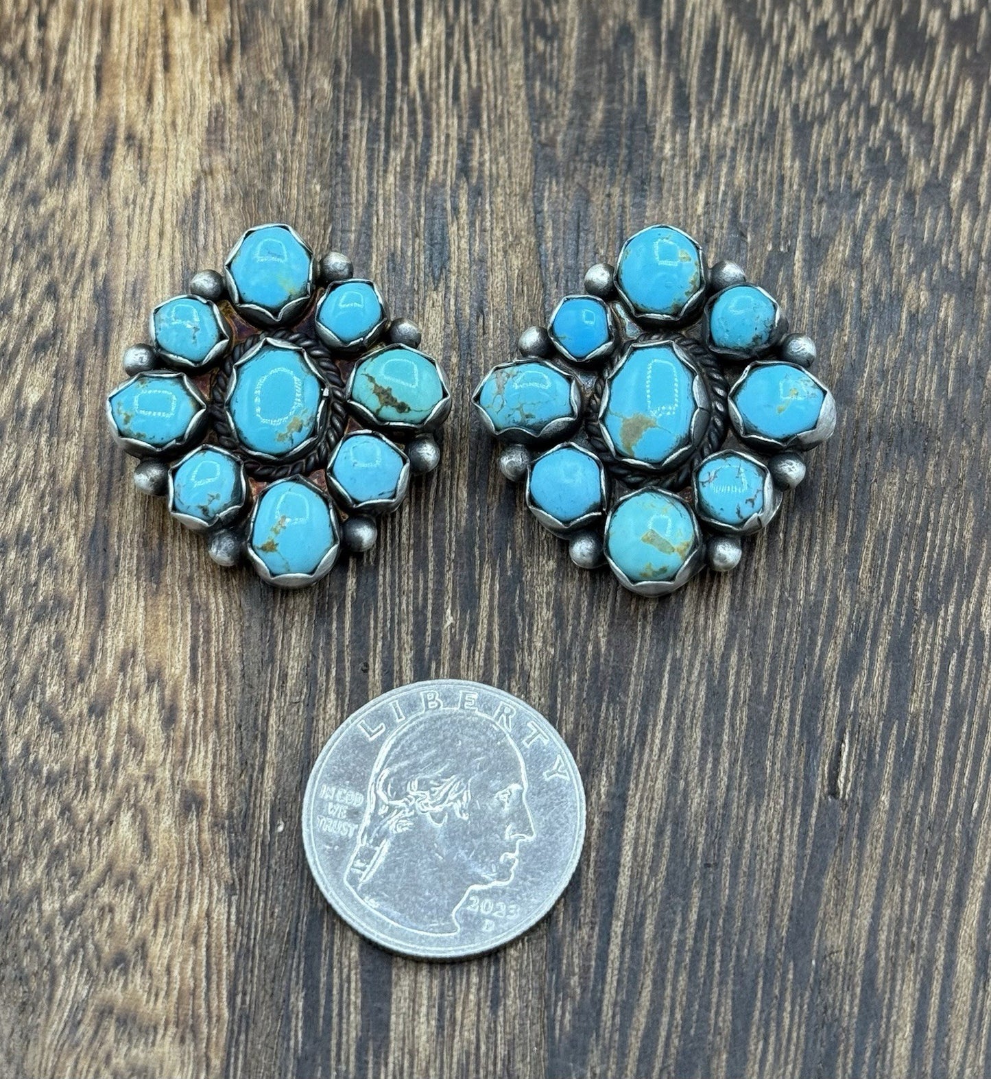 Native Navajo Handmade Sterling Silver Kingman Turquoise Cluster Post Earrings