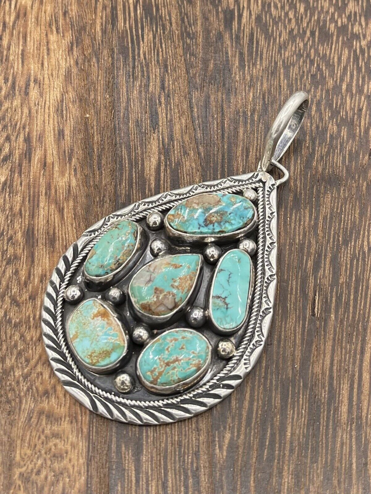 Native American Navajo Handmade Silver Natural  Turquoise Cluster Pendant