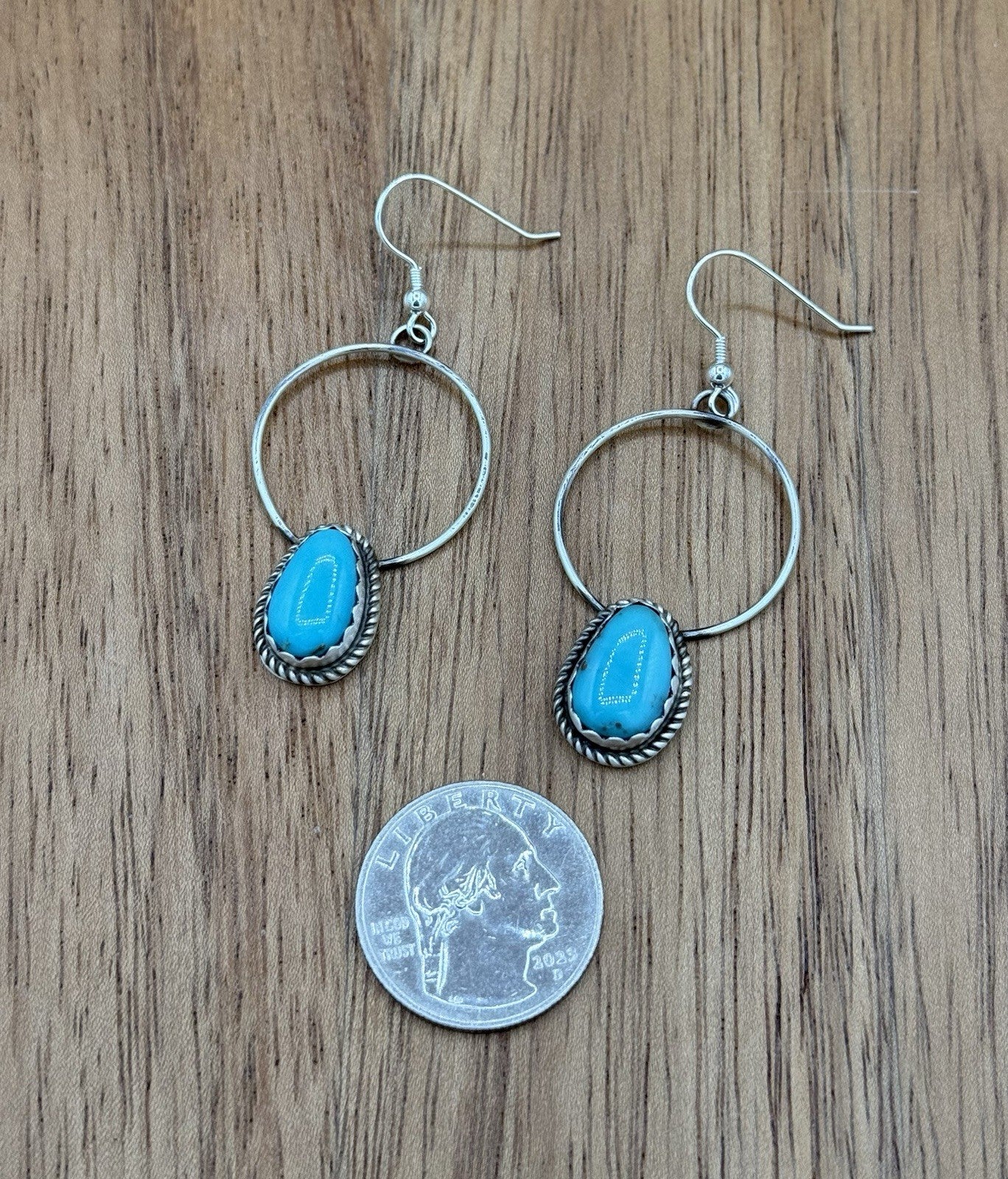 Navajo Handmade Sterling Silver Kingman Turquoise Hoop Dangle Drop Earrings