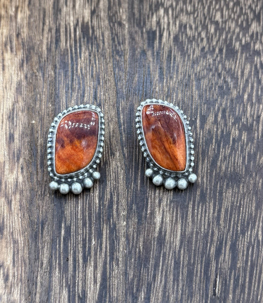 Native Navajo Handmade Sterling Silver Orange Spiny Oyster Post Stud Earrings