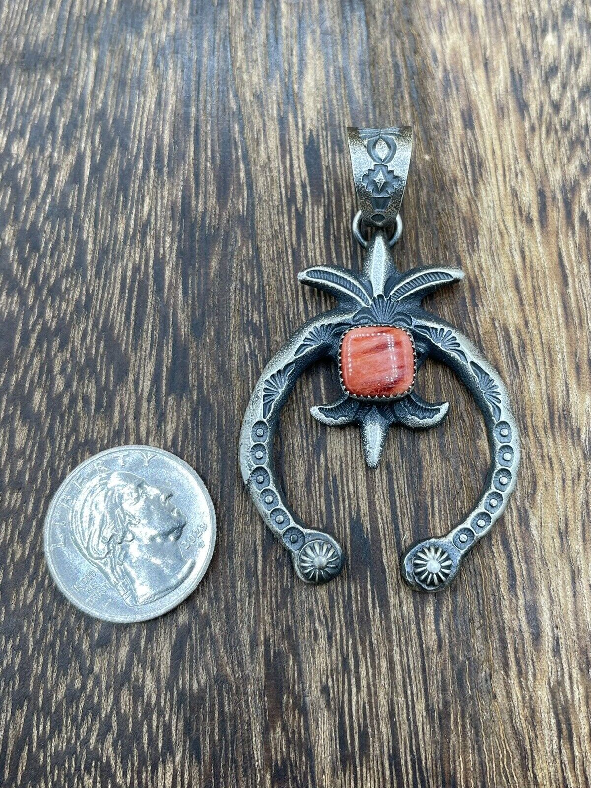 Native American Indian Navajo Handmade Silver Old Look Spiny Oyster Naja Pendant