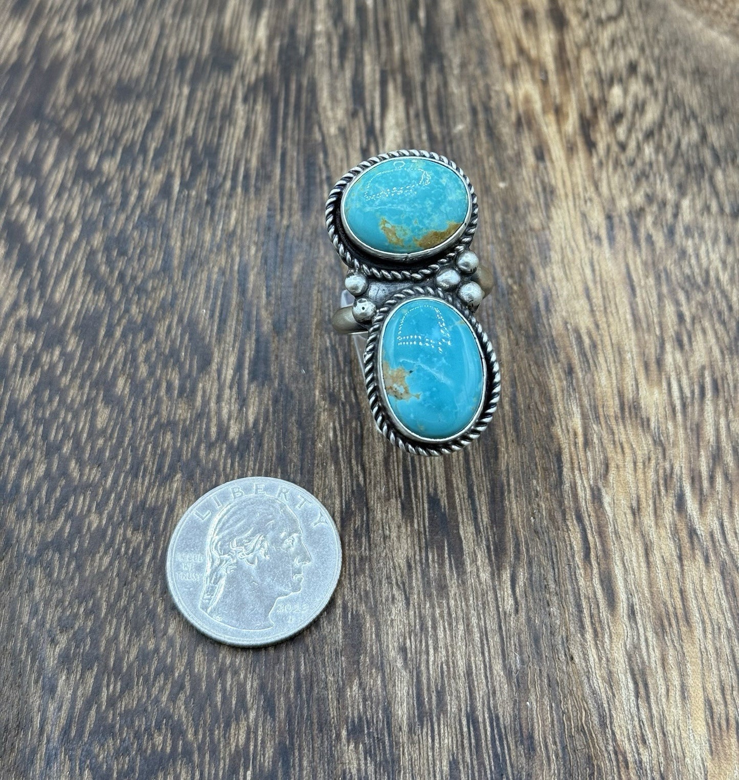 Navajo Handmade Sterling Silver Royston Turquoise Adjustable Ring Size 7 To 9