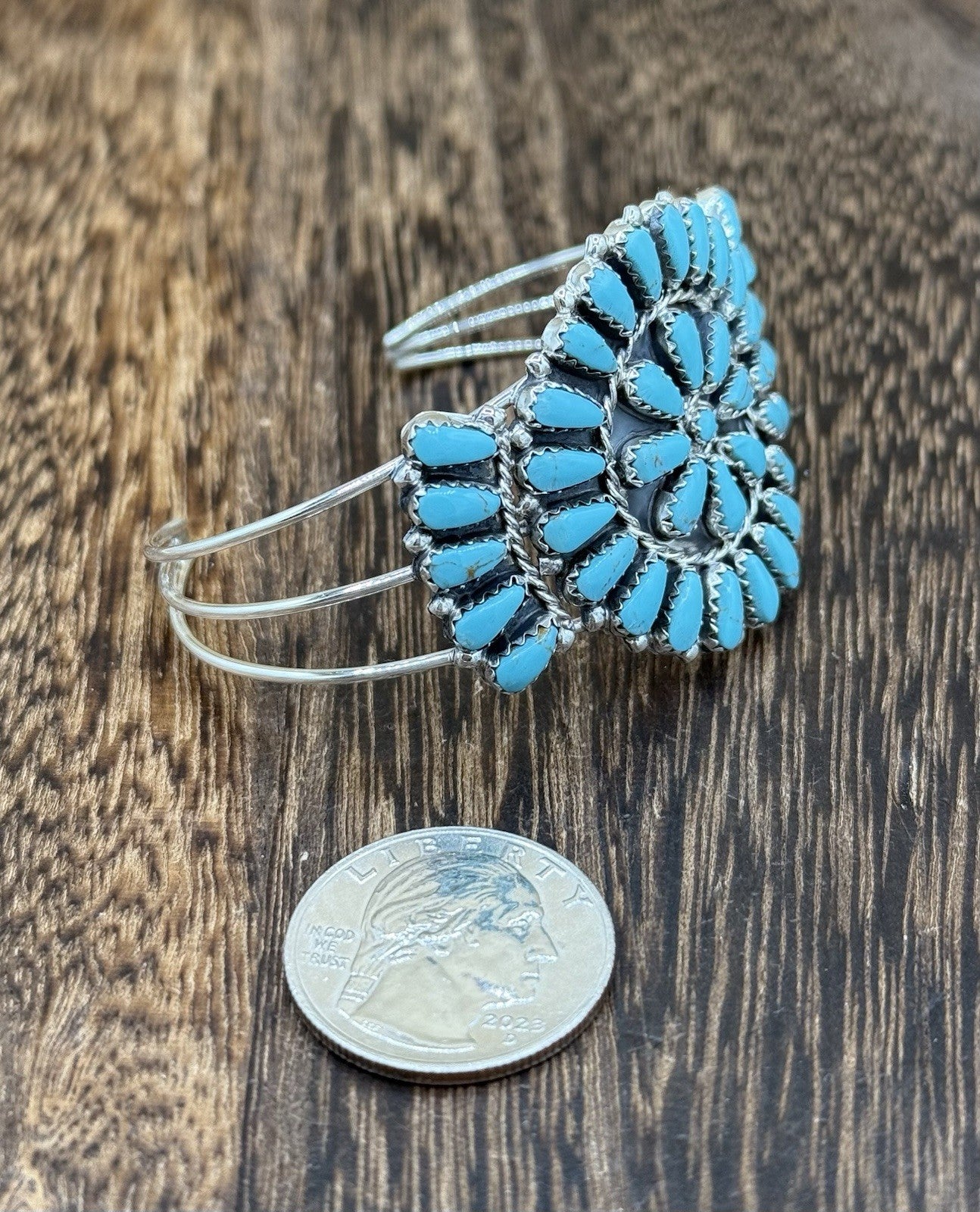 Native American Navajo Handmade Sterling Silver Turquoise Cluster Cuff Bracelet