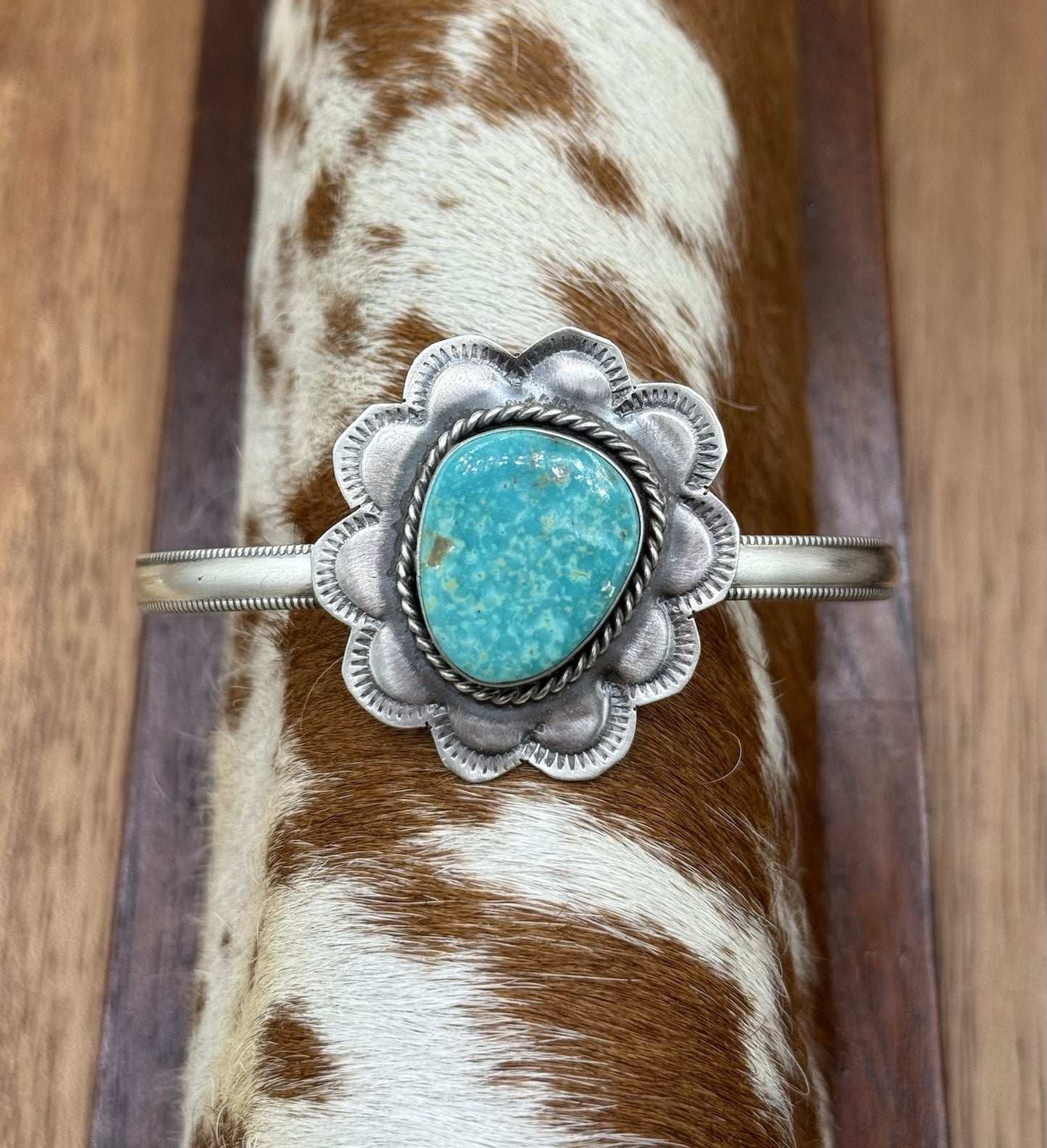 Native Navajo Handmade Sterling Silver Kingman Turquoise Cuff Stamped Bracelet