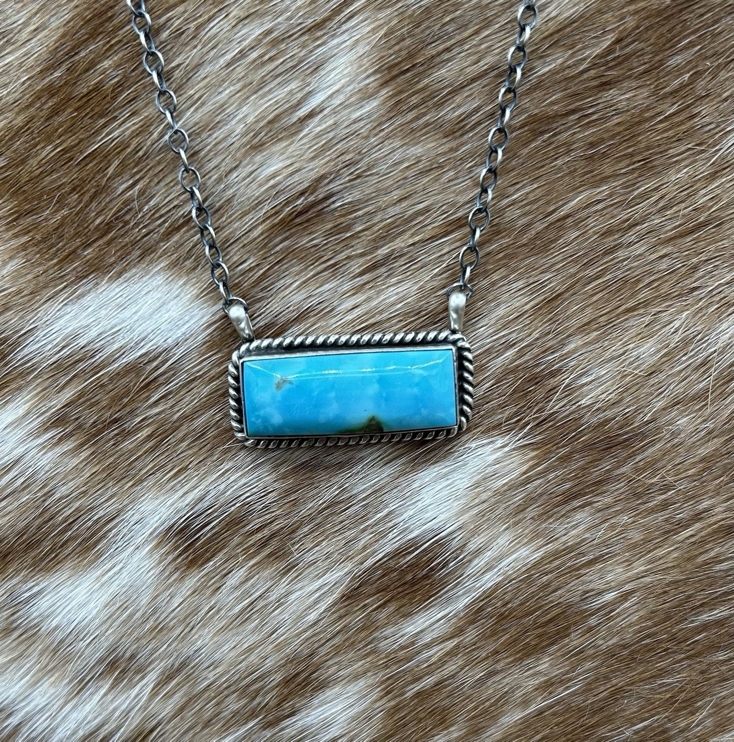 Navajo Handmade Sterling Silver Kingman Turquoise Bar Necklace 16”