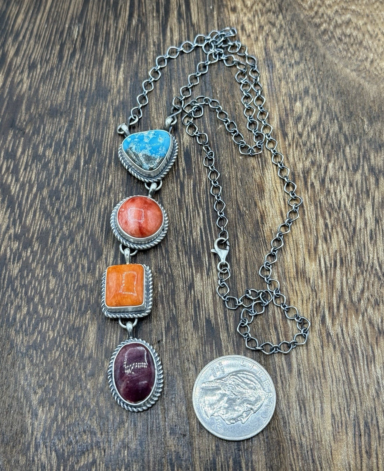 Navajo Handmade Sterling Silver Multi Color Mixed Stone Lariat Necklace 18”
