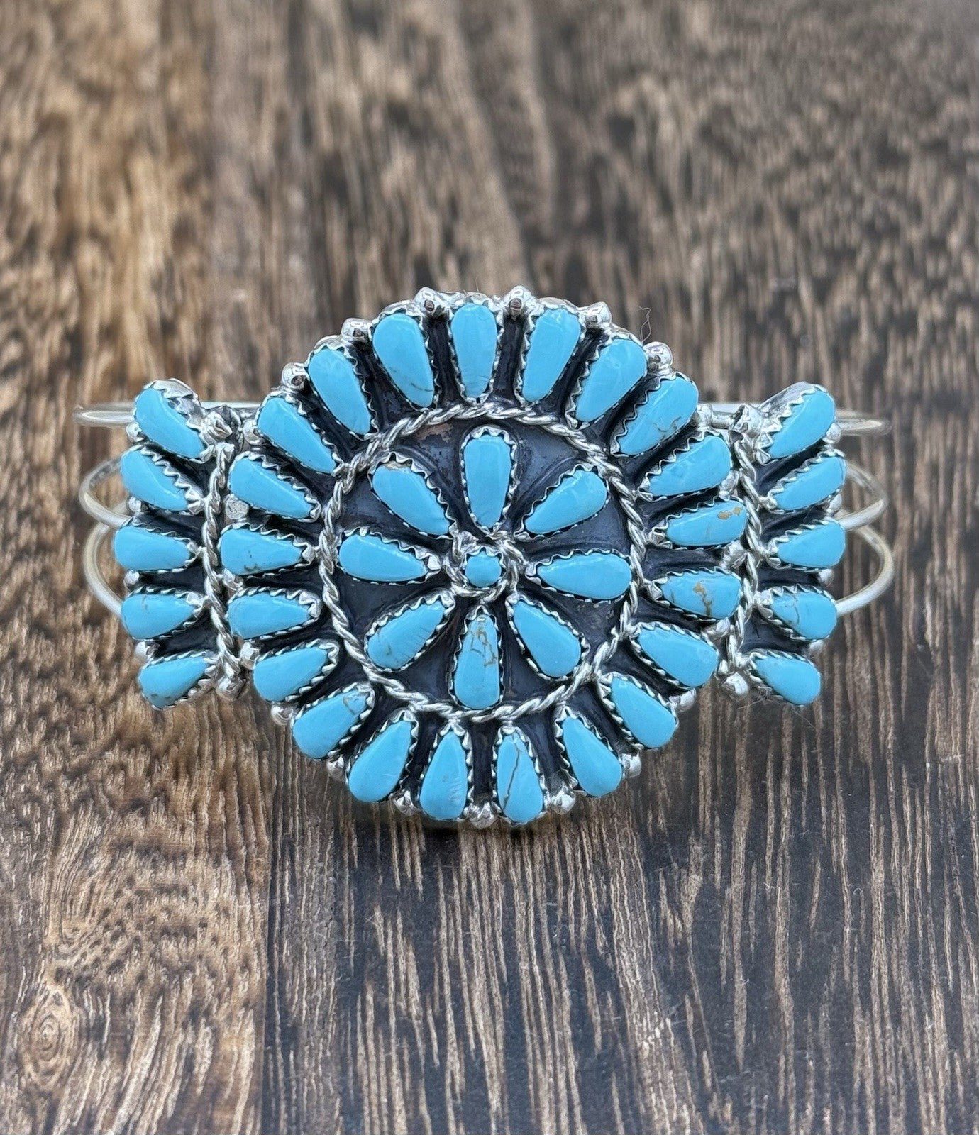 Native American Navajo Handmade Sterling Silver Turquoise Cluster Cuff Bracelet