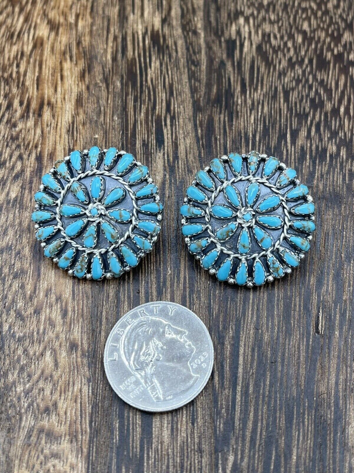 Native American Navajo Handmade Sterling Silver Turquoise Cluster Post earrings