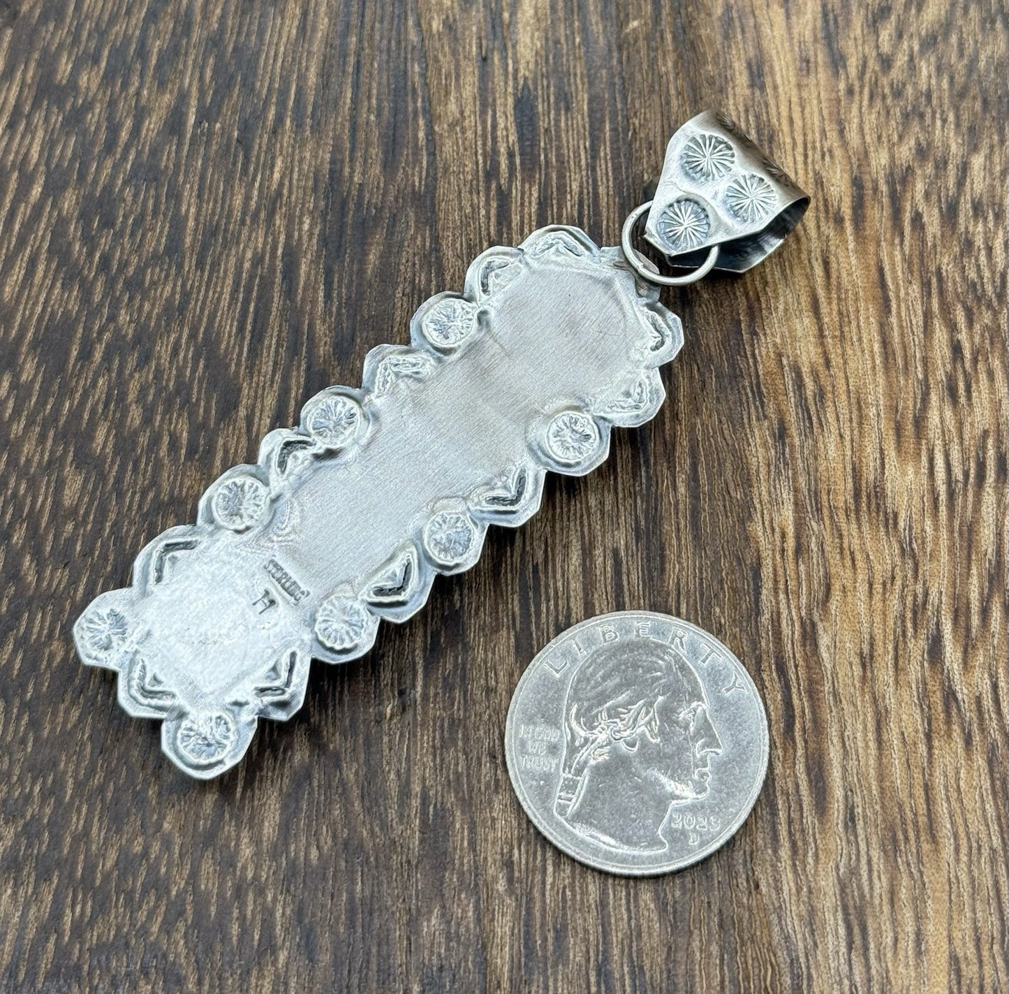 Navajo Handmade Sterling Silver Golden Hills Turquoise Stamped Drop Pendant