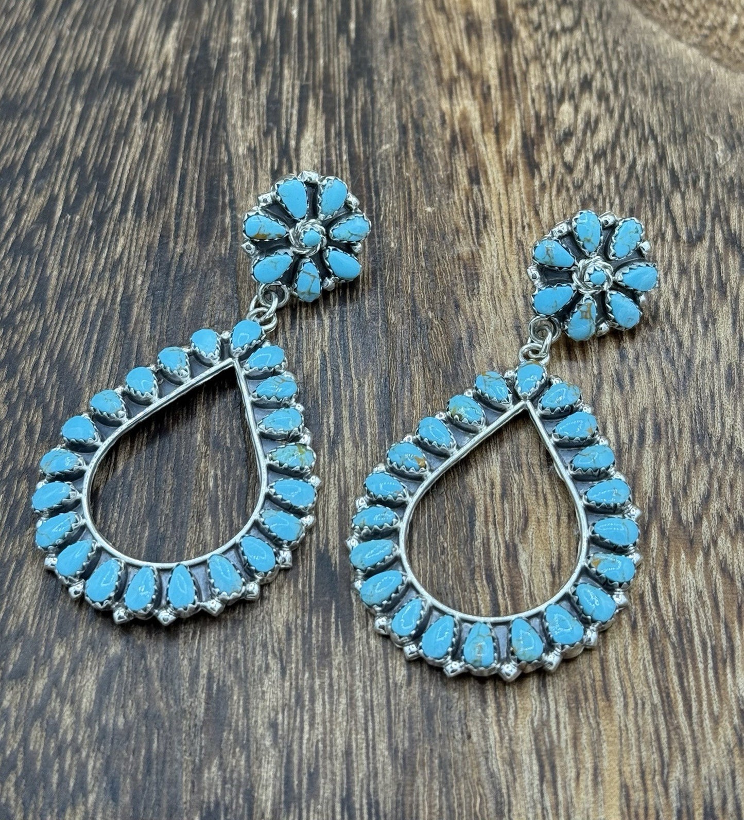 Navajo Handmade Sterling Silver Turquoise Cluster Post Drop earrings Large