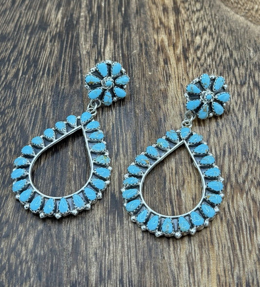 Navajo Handmade Sterling Silver Turquoise Cluster Post Drop earrings Large