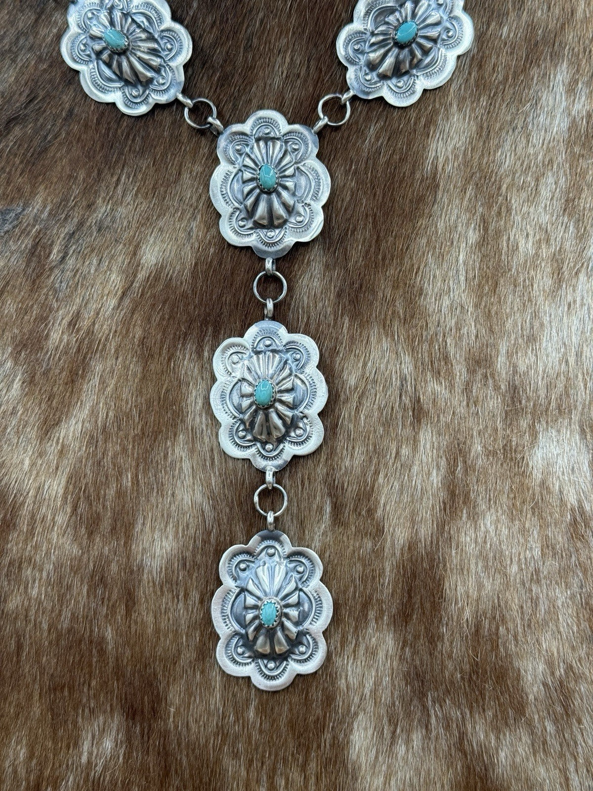 Navajo Handmade Sterling Silver Stamped Concho Turquoise Lariat Necklace Set 20”