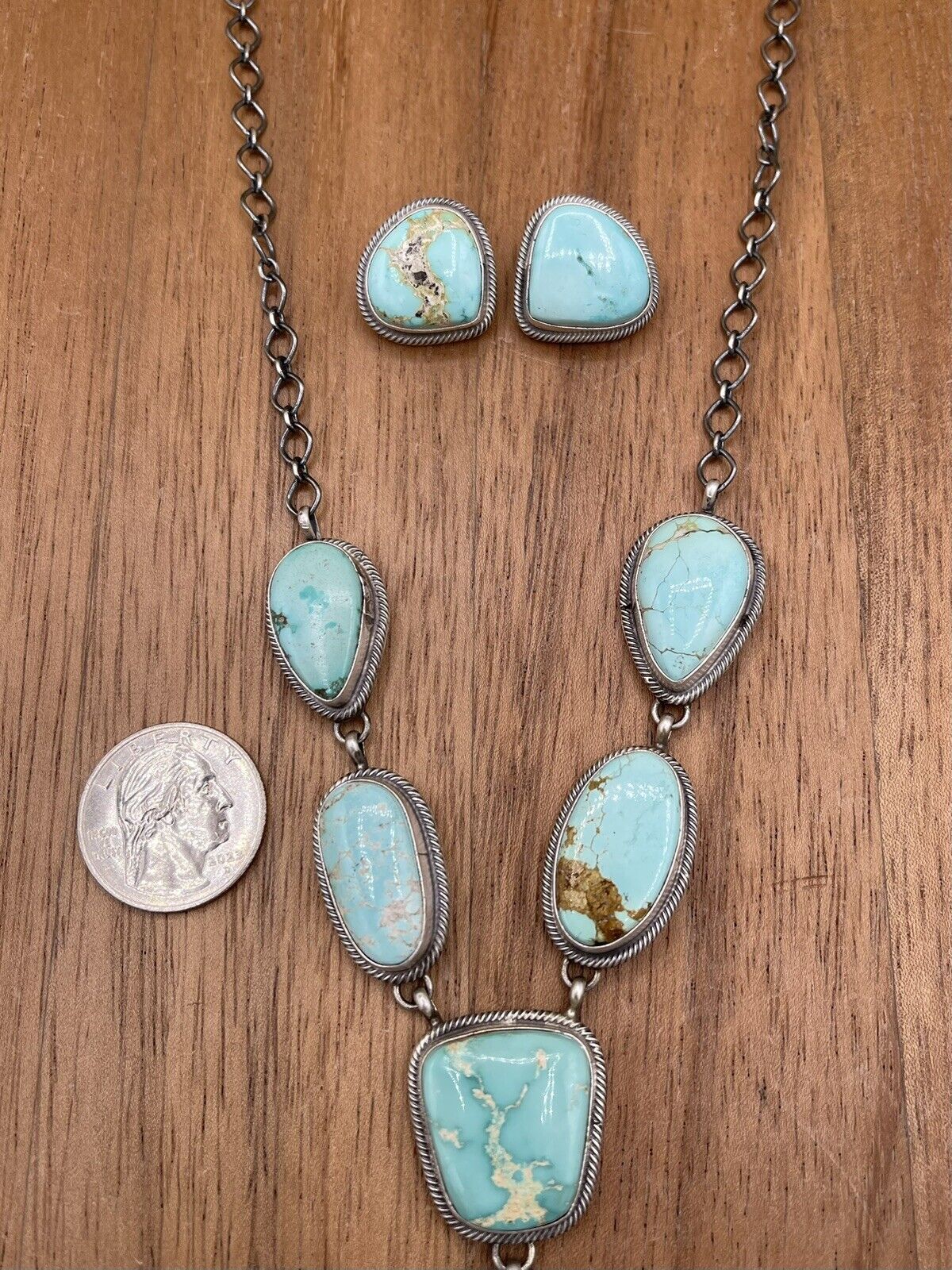 Native American Navajo Handmade Silver Royston Turquoise Lariat Necklace Set 18”