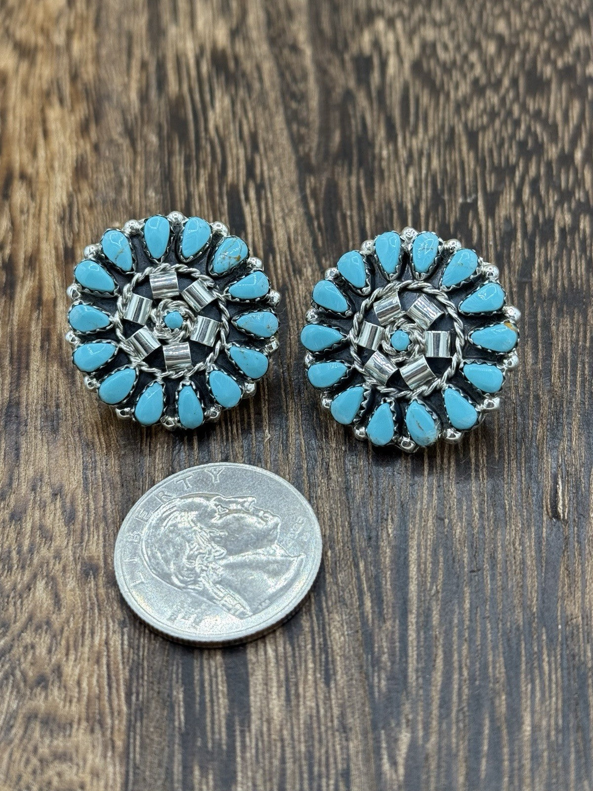 Native American Navajo Handmade Sterling Silver Turquoise Cluster Post earrings