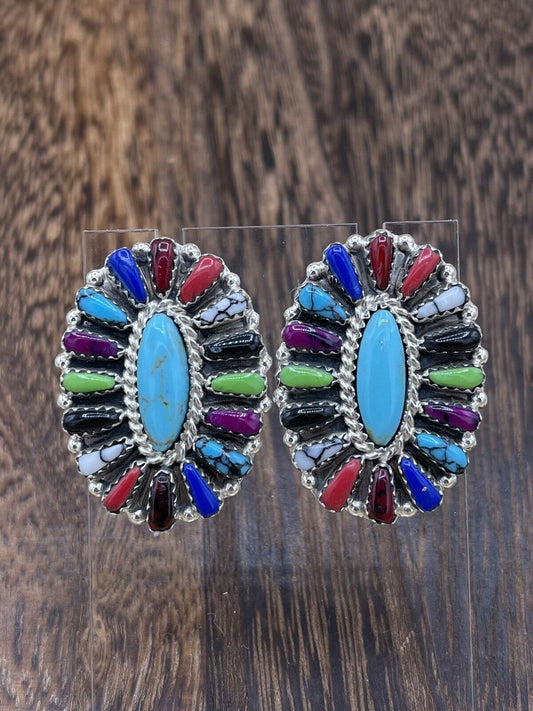 Native American Navajo Handmade Sterling Silver Multicolor Cluster Stud Earrings