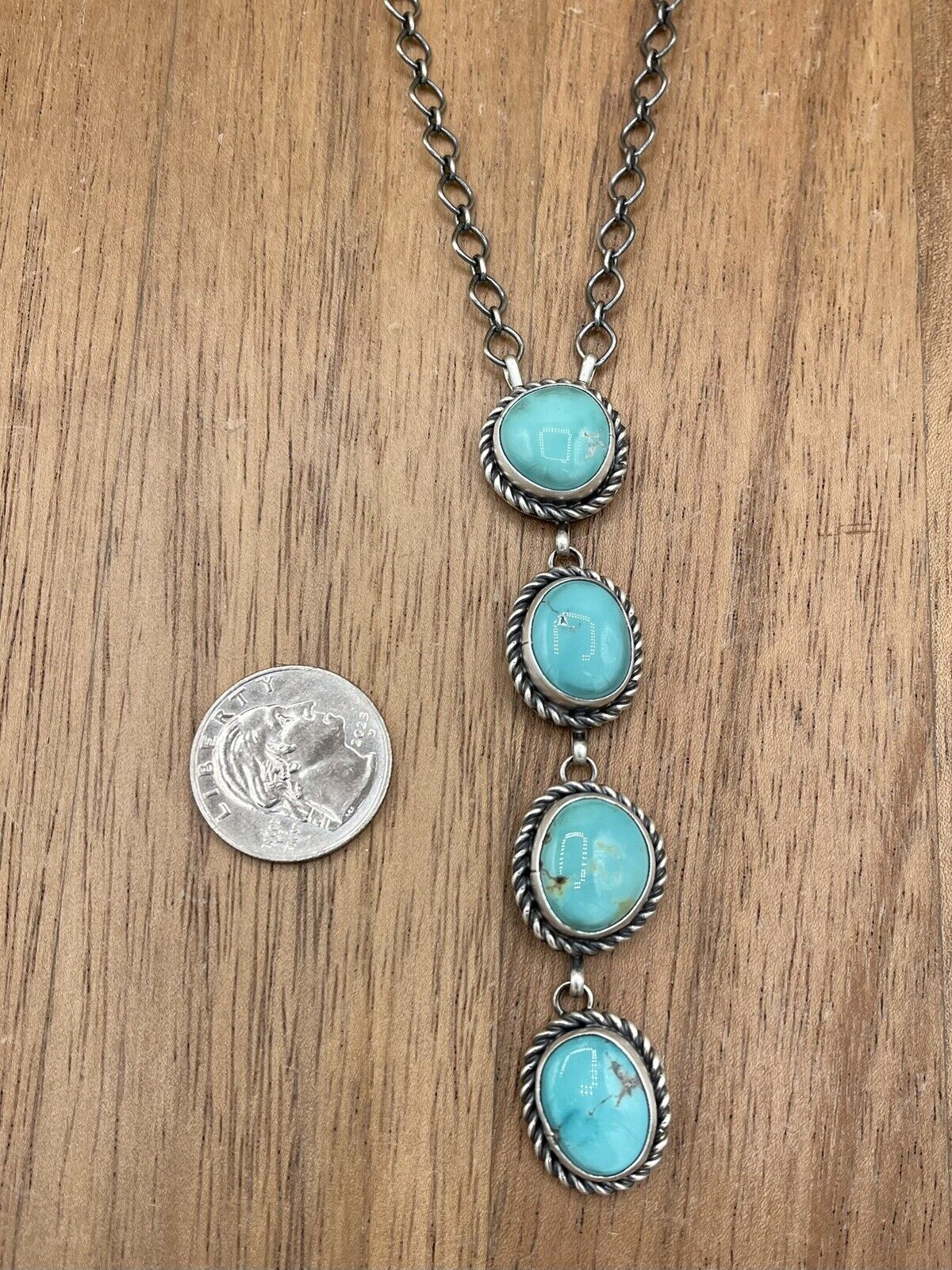 Native American Navajo Handmade Silver Kingman Turquoise Drop Bar Necklace 18”