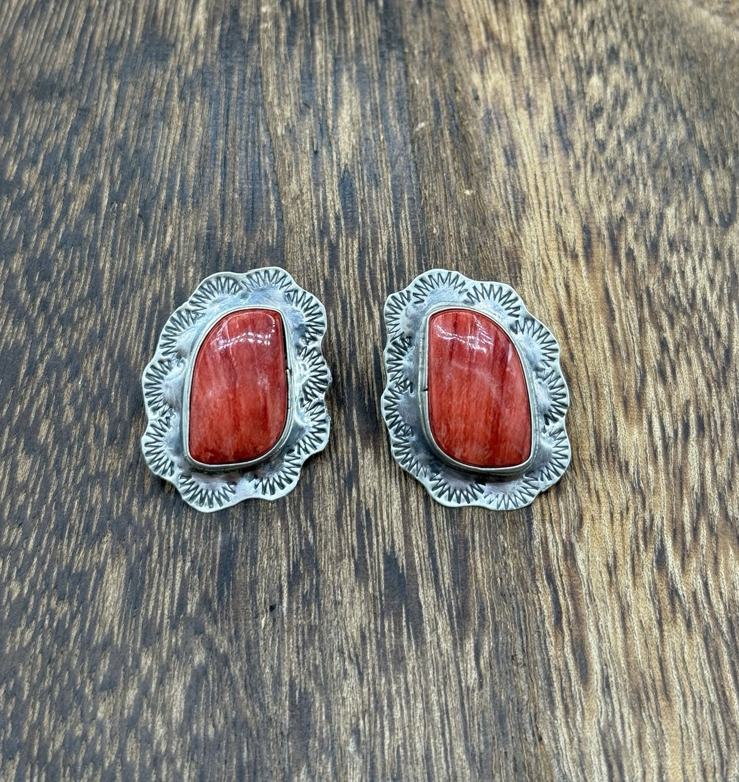 Navajo Handmade Sterling Silver Red Spiny Oyster Shell Stamped Post Earrings