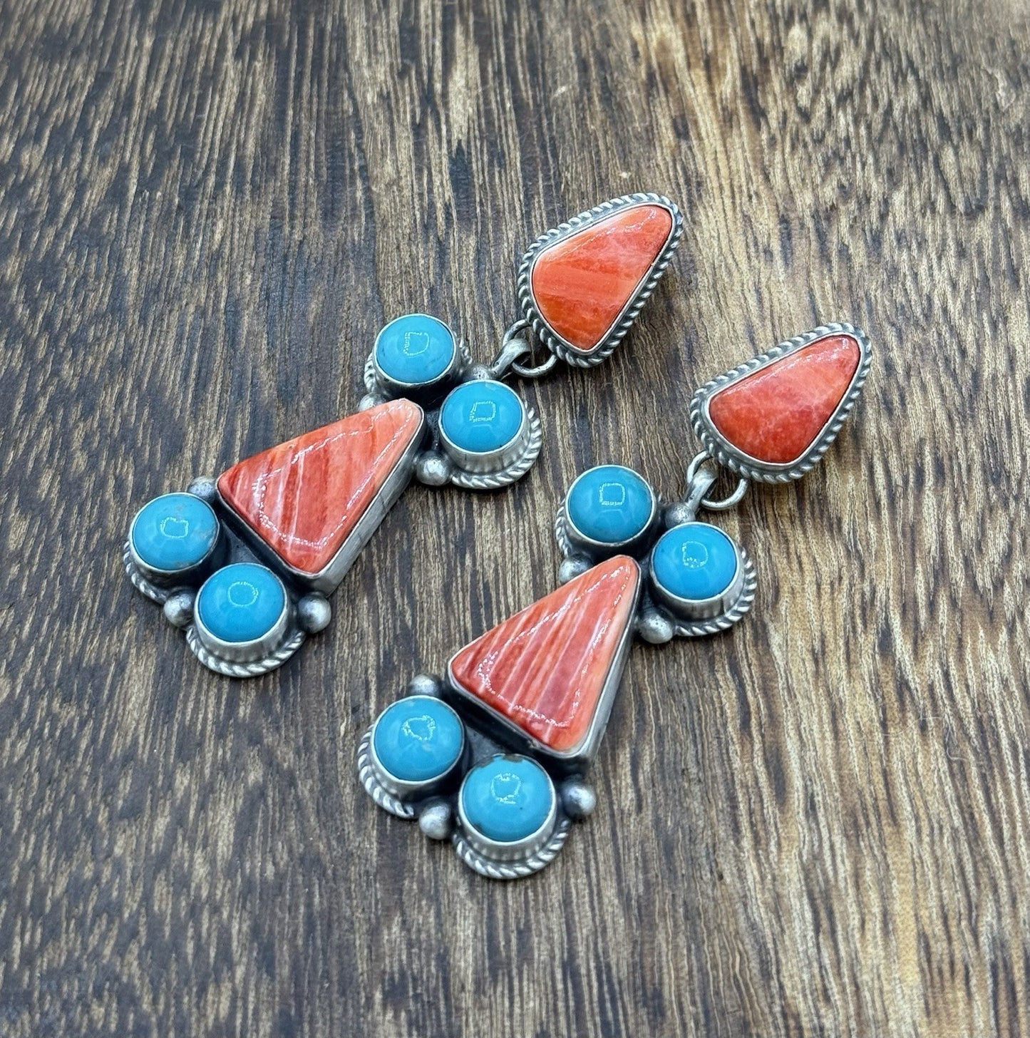 Navajo Handmade Sterling Silver Turquoise & Spiny Oyster Post Dangle Earrings