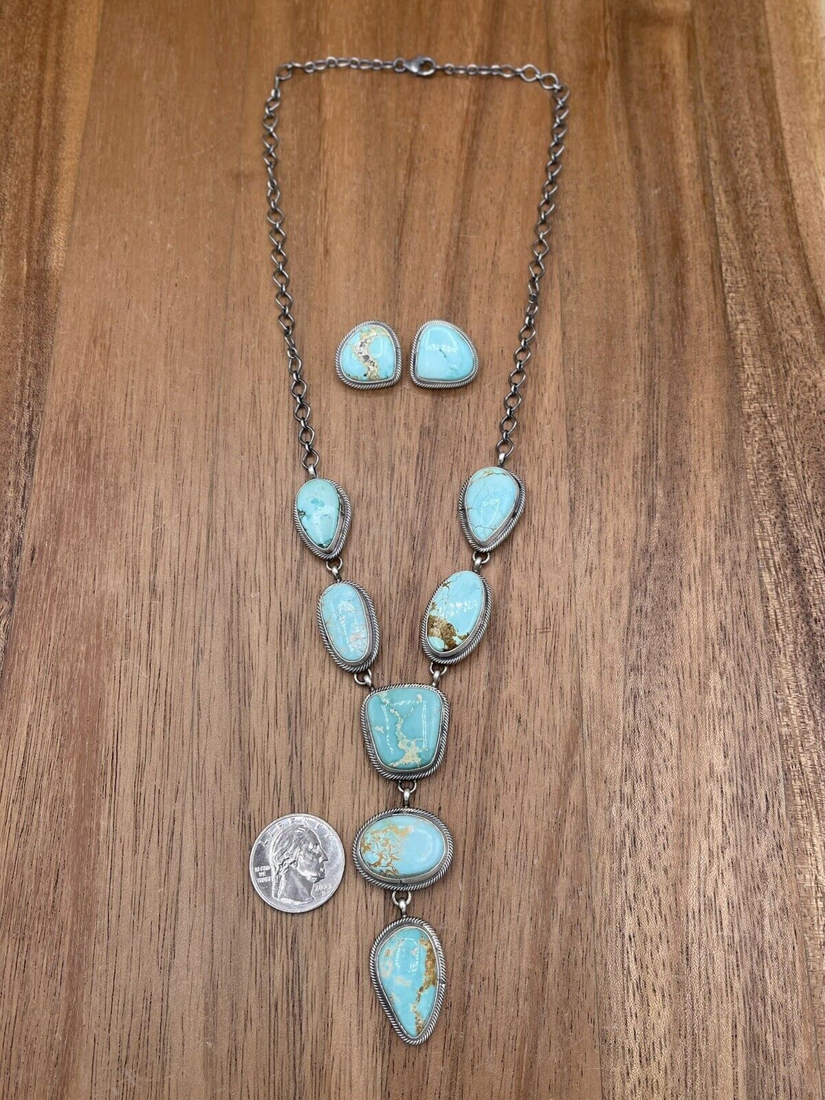 Native American Navajo Handmade Silver Royston Turquoise Lariat Necklace Set 18”